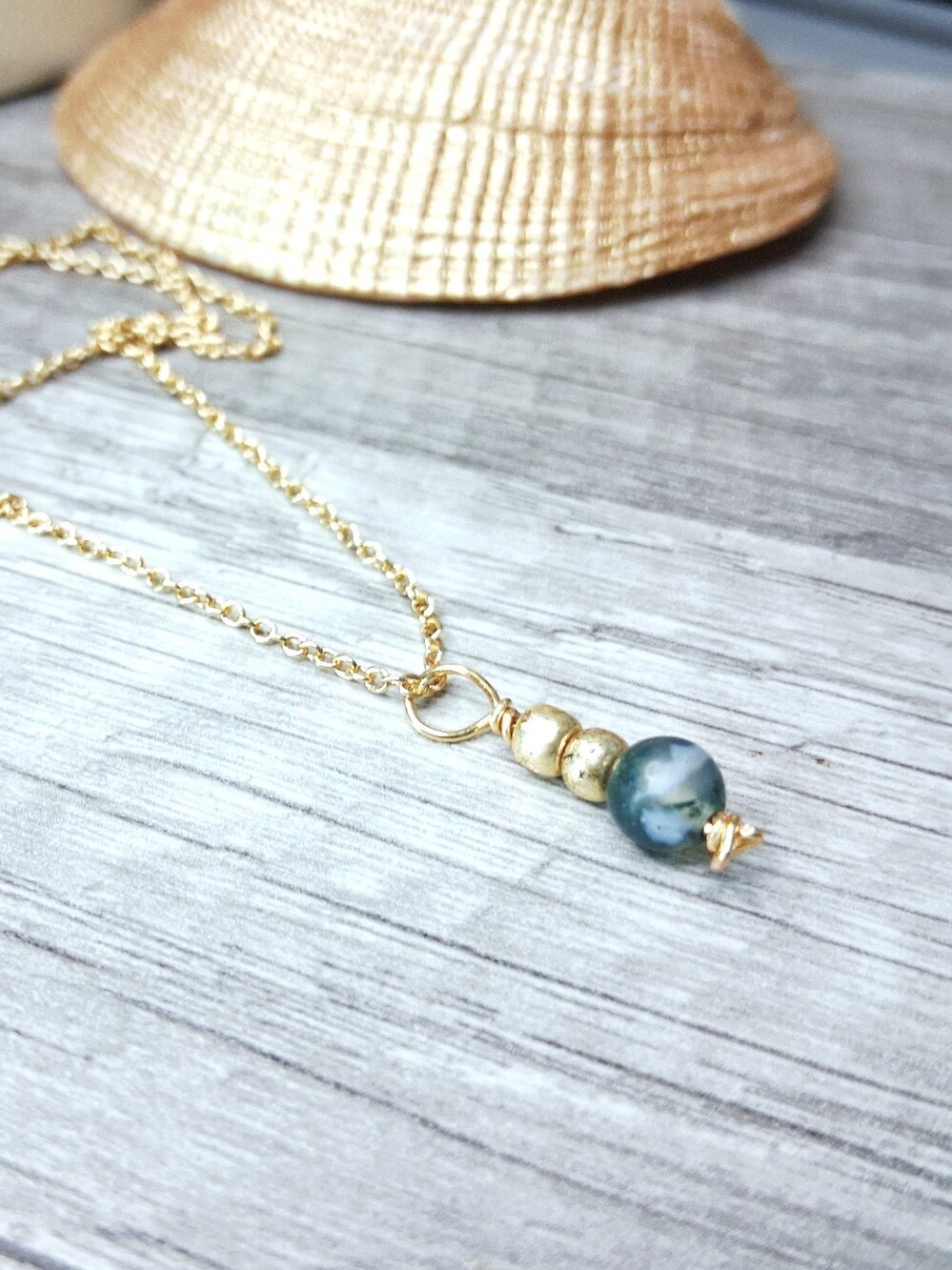 Dainty Moss Agate Gemstone Crystal Necklace, Adjustable